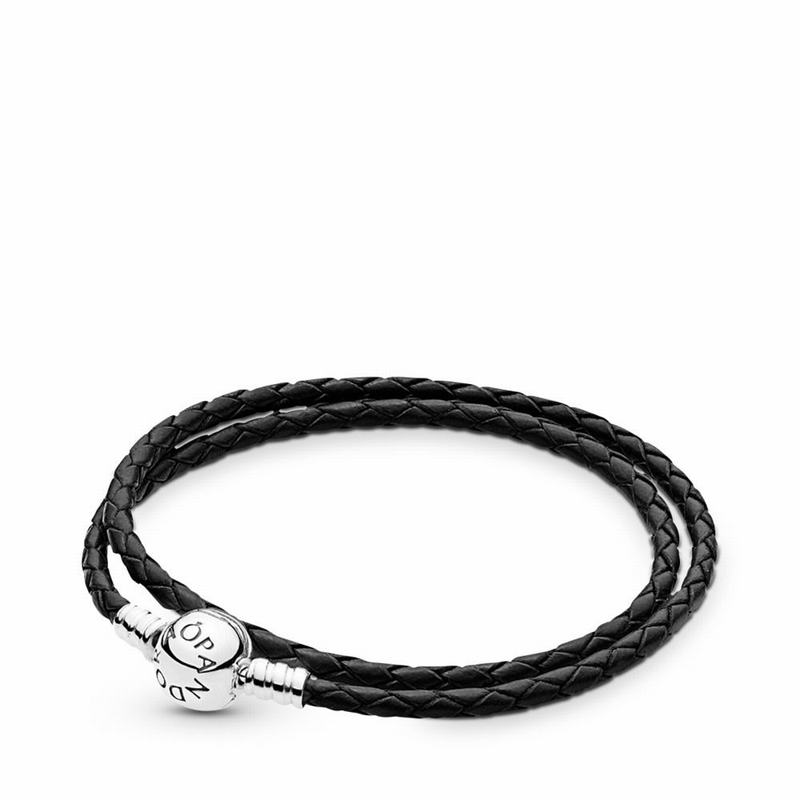 Pandora Black Braided Double-leather Charm Bracelet - Sterling Silver/Leather/Black - Canada | EP309